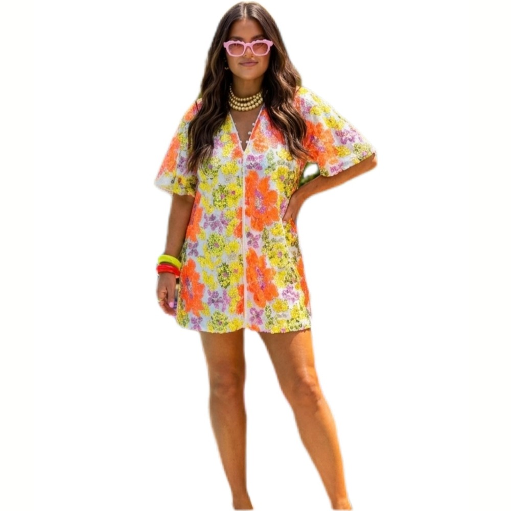 BuddyLove Connie Sequin Dress Aruba Floral Orange Yellow Purple Shift Size Small